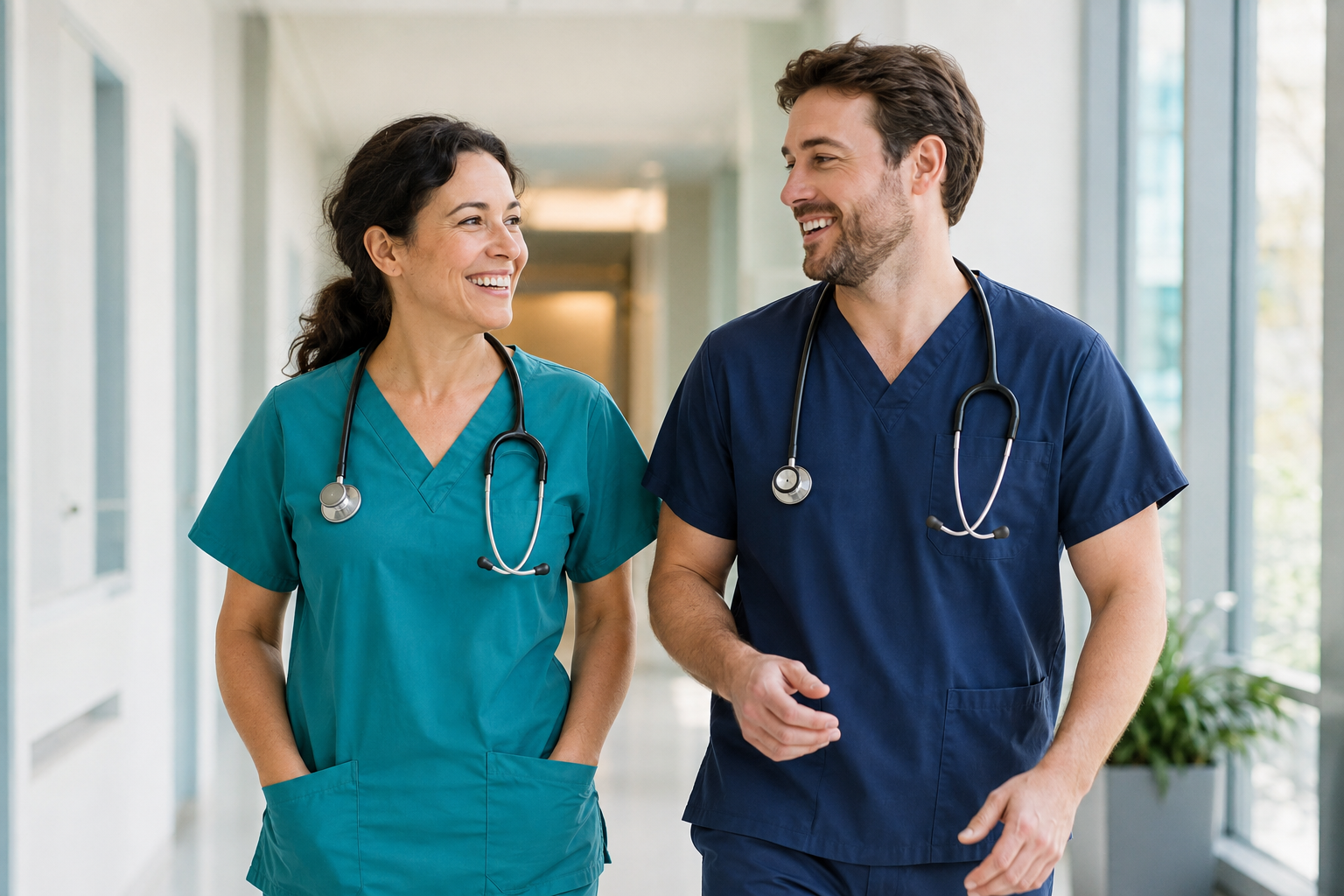 Illustrative image of two smiling nurse colleagues in a hospital corridor.