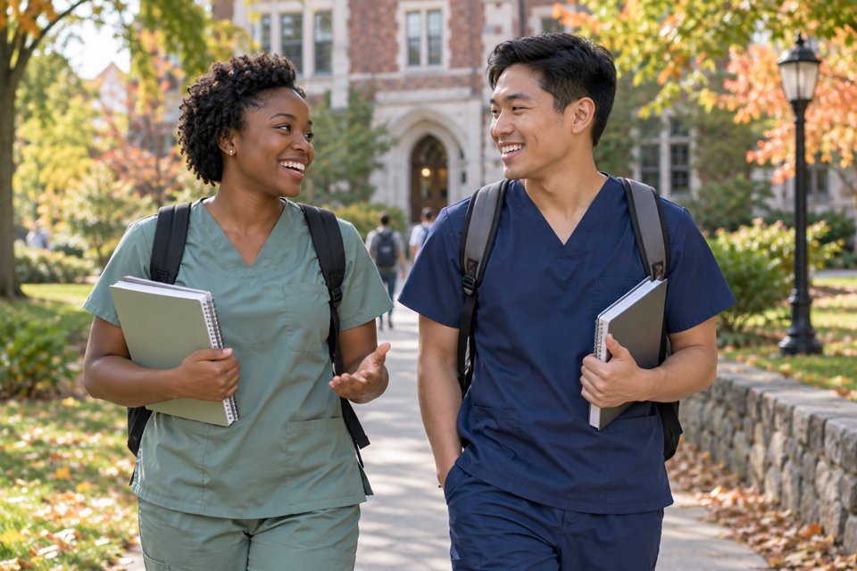 Illustrative nursing students walking together on a college campus.