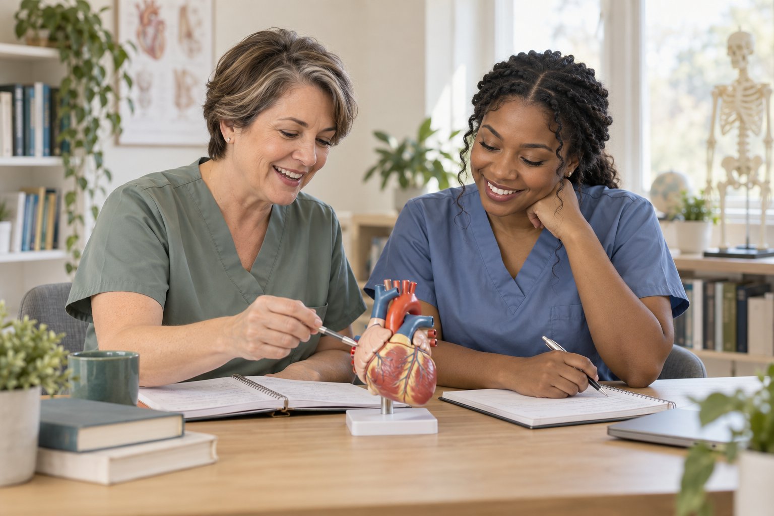 Illustrative nurse educator and student learning together.