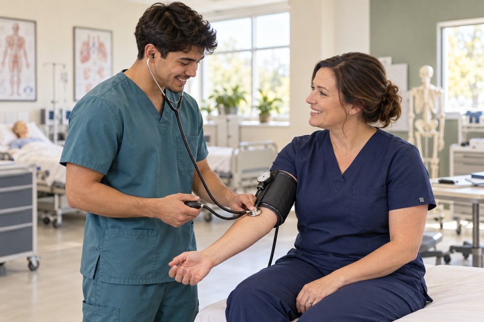 Illustrative nursing student practicing clinical skills with an educator.