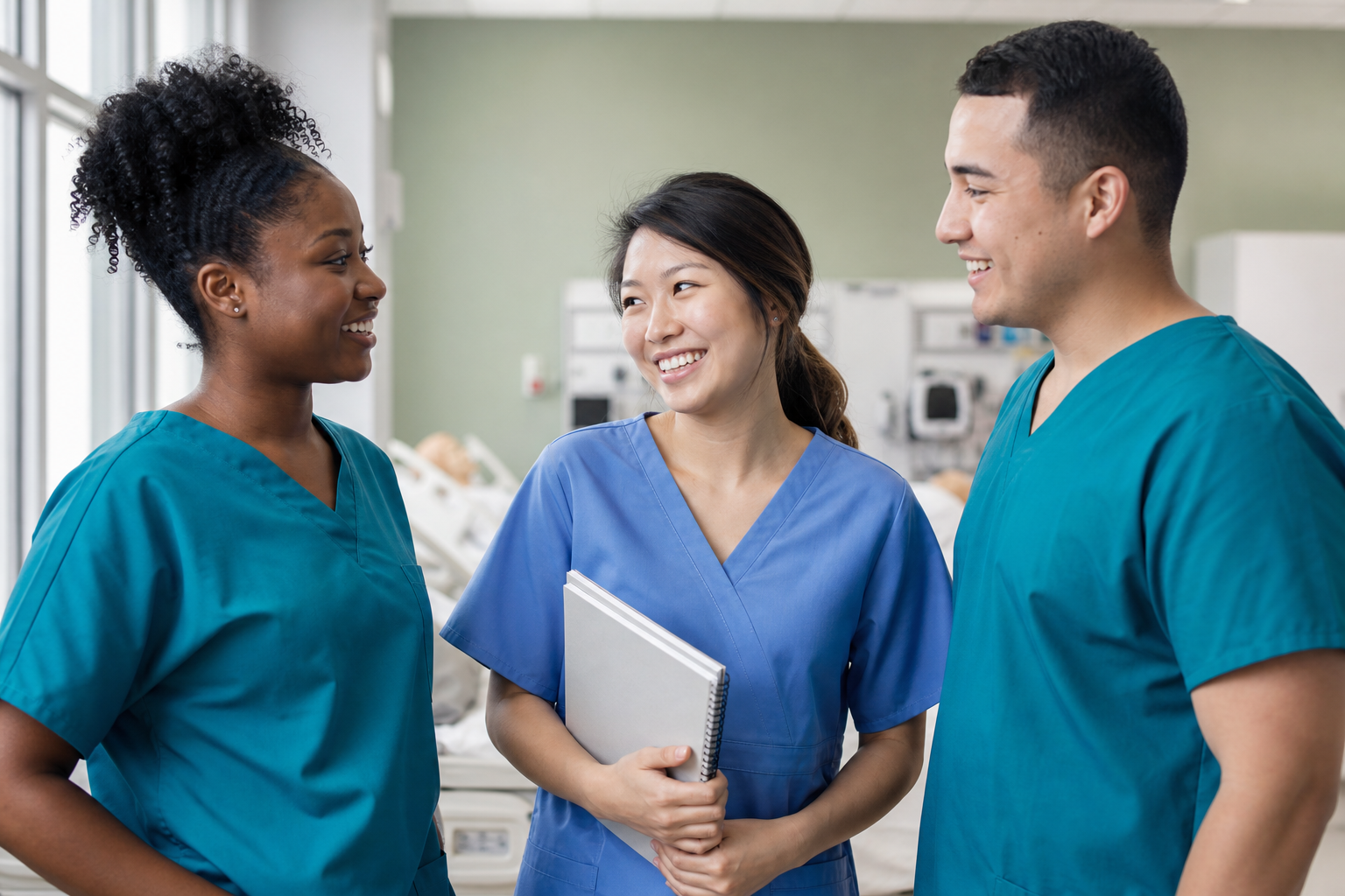 Illustrative image of smiling nursing students in a bright training classroom.