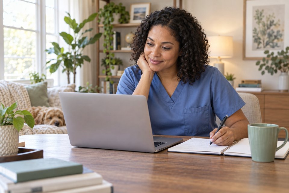 Illustrative nursing student researching programs at home.